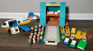 Vintage Fisher Price A Frame House With People,  Vehicles And Furniture Air Plane