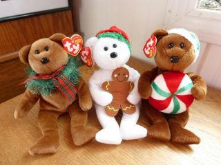 3 Holiday Christmas Ty Beanie Baby Bear 2005 Yummy 2004 Hollydays 2005 Goody