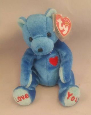 Love You Beanie Babies Bear Heart Blue Vintage Ty Bean Bag Plush