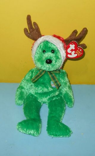 8 " Ty 2002 Holiday Teddy Green Christmas Reindeer Bear Bean Plush W/ Tag