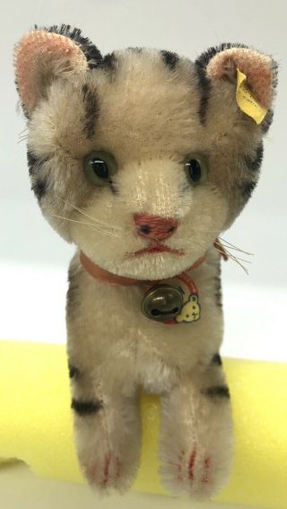 Vintage Steiff Tabby Cat Kitten 1950s 1314.  0 Button Flag Tag Ribbon Bell Sweet