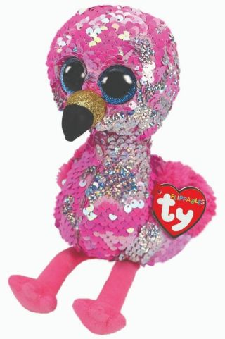 Ty Beanie Boos Pinky The Flamingo With Reversible Sequins And Red Heart Tag
