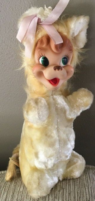 Rushton Rubber Face Stuffed Plush Dog Cat Kitty? Vintage 12 " Yellow W Bows
