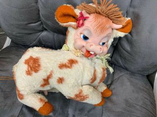 Vintage Rushton Brown Spotted Mooing Cow Plush Toy W/ Rubber Face & Udder Daisy