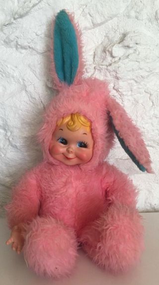 Vintage Rubber Face Rushton Company Pink Plush Stuffed Rabbit Bunny 1960 