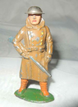Vintage Barclay Manoil Toy Lead Soldier With Trench Coat & Rifle Tin Helmet