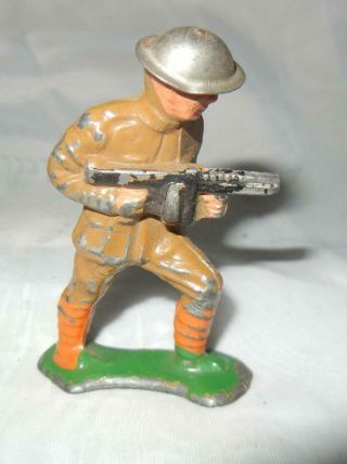 Vintage Barclay Manoil Toy Lead Soldier With Machine Gun Tin Helmet