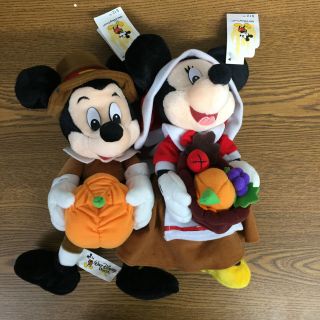 Walt Disney World Pilgrim Mickey Minnie Mouse Bean Bag Plush Toy Pair Set