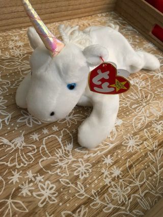 1993 Mystic Unicorn Ty Beanie Baby; White With Iridescent Horn; Yarn Mane & Tail