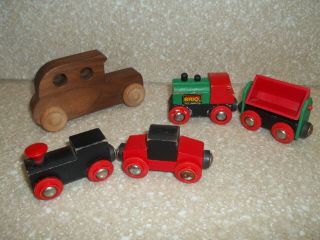 4 Pc Vintage Brio Wood Train Green Black & Red Steam Engine,  Wooden Car Sweeden