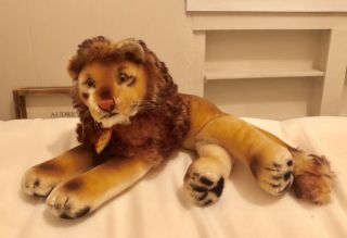 Vintage 1950 - 60s Steiff Leo Lion Large Lying Dwn Mohair Stuffed Plush Toy Animal