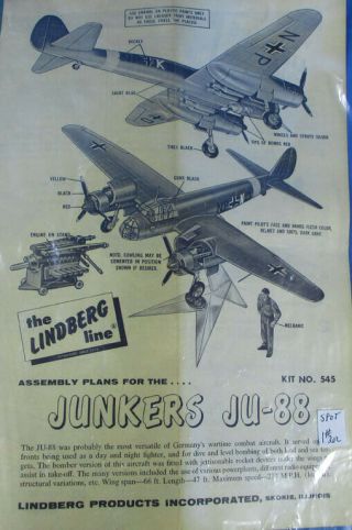Lindberg 1:72 Wwii German Bomber Junker Ju - 88 Plastic Model Kit 545ux