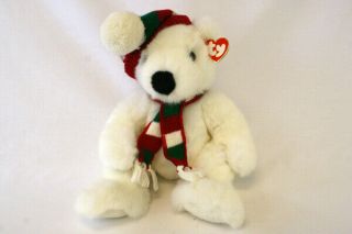 Ty Inc 1997 Soft Plush White Holiday Bear W/ Red & Green Hat & Scarf