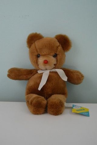 Vintage Eden Toys Teddy Bear Plush Brown Red Nose Musical Wind Up Bow 1982 W/tag
