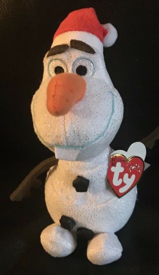Ty Beanie Baby Frozen Disney Sparkle Olaf The Snowman 6 " With Santa Hat Nwt