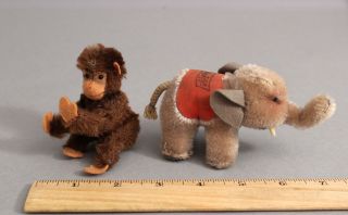 2 Miniature Vintage Mid - 20thc Mohair Steiff Elephant & Monkey
