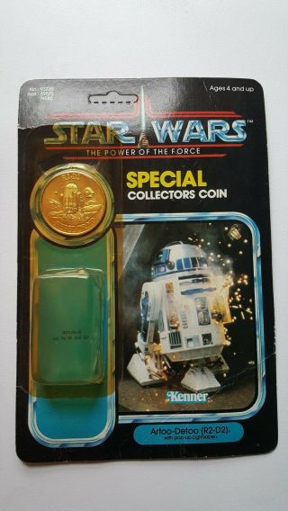 Vintage Star Wars Potf R2 - D2 Pop Up Saber Coin Cardback And Bubble No Figure.