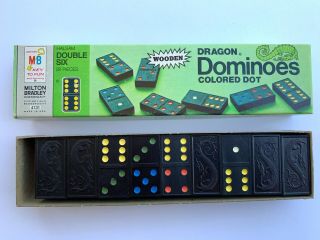 Dragon Dominoes Colored Dot Wooden 1970 Complete 28 Piece Set Milton Bradley