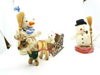 Steiff Reindeer Renny 14 Cm With Sledge 16cm & Santas Mouse Elf 10cm Vintage Toy