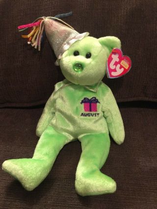 2002 Green August Birthday Teddy Bear Ty Beanie Baby