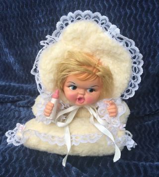 Vintage Rushton Rubber Face Baby Girl Doll Bottle Bonnet Pillow Lace Yellow 14”