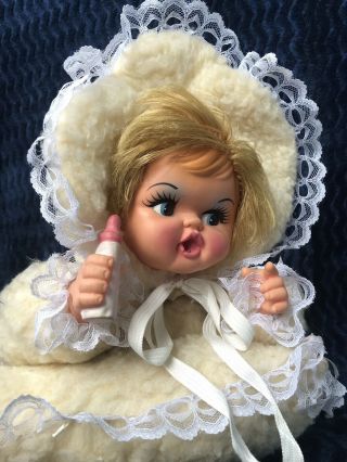 Vintage Rushton Rubber Face Baby Girl Doll Bottle Bonnet Pillow Lace Yellow 14” 2
