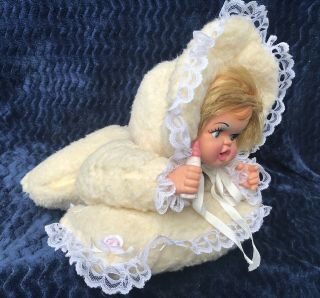 Vintage Rushton Rubber Face Baby Girl Doll Bottle Bonnet Pillow Lace Yellow 14” 3