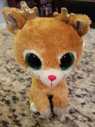 Ty Beanie Boo Alpine Christmas Reindeer W/ Plastic Eyes Red Antlers Doll 7 "