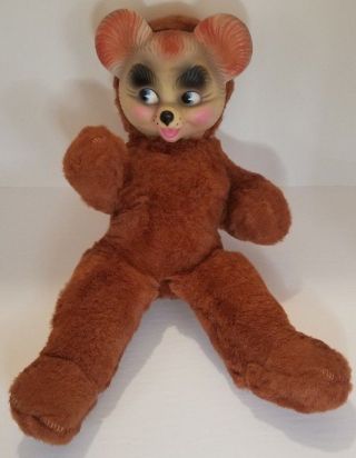 Vintage Plastic Vinyl Rubber Face Plush Stuffed Brown Bear Bijou Boutique Toys