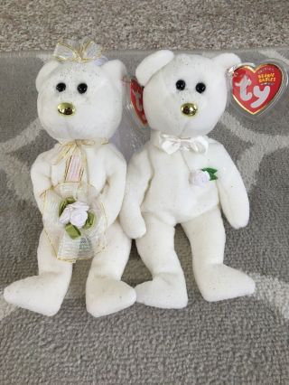 Ty Beanie Baby Set His & Hers The Bride & Groom Wedding Bears (exclusive) Mwmt