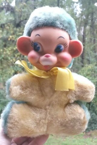 Vintage Rushton Rubber Faced Doll Plush Windup Music Box Animal - Plays Rockabye