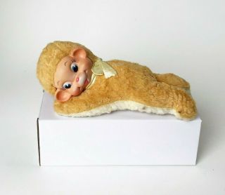 Rubber Face Monkey Stuffed Animal Vintage Laying Down Yellow Bow