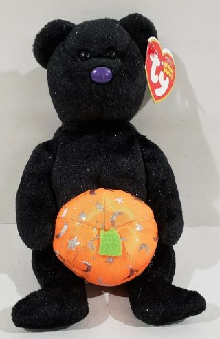 Haunting 2007 Ty Beanie Babie 8in Black Halloween Bear W/ Pumpkin