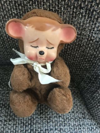 Vintage 50s Pouting Teddy Bear Knickerbocker Rubber Face Sad Plush 6” Doll