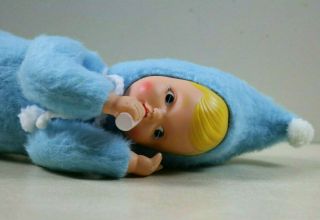Vintage Rushton Rubber Face Blue & White Baby Pixie With Bottle Cond