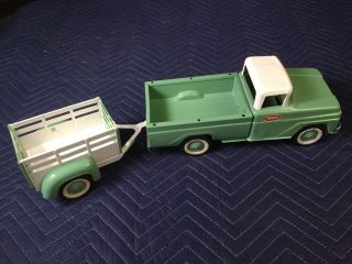 Vintage Tonka Pickup And Trailer Pressed Steel Turquoise/light Green & White