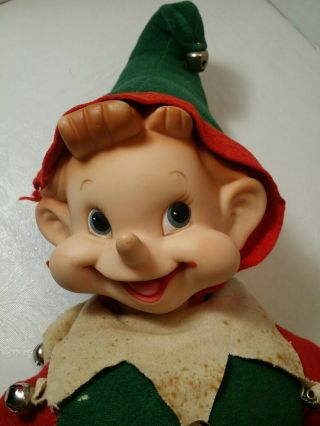 Rushton Rubber Face Elf Doll Vintage Christmas Toy 60s Large 17 " Felt W/bells