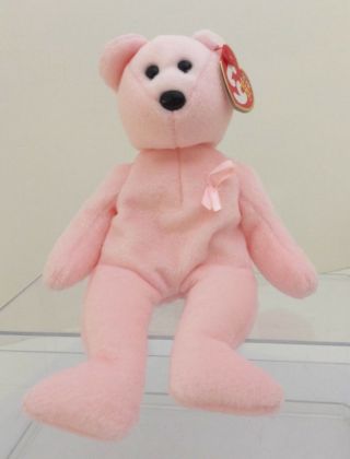 Ty Beanie Babies 2003 Cure Pink Ribbon Plush Bear Dob 10/1/2003 - P.  E.  Pellets