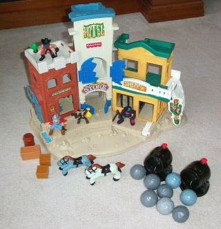 Vintage Fisher Price Great Adventures Wild Western Town W/4 Figures,  Horses Accs