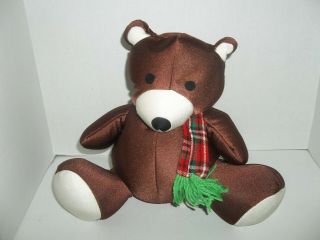 Moshi Nylon Microbead Brown Teddy Bear Plush With Plaid Scarf 12 " Tall