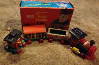 1963 Vintage Fisher Price 999 Huffy Puffy 4 Pc Wooden Train Box