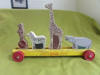 Vintage Strombecker " Zoo - A Wood Toy Circus Train Pull Toy,  4 Removable Animals,