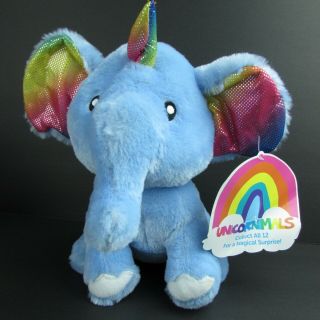 Kellytoy Elephant Unicorn 11 " Blue Plush Rainbow Horn Ears Unicornimals