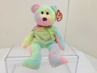 Ty Beanie Babies 1999 Groovy Plush Bear W Rainbow Colors Dob 1/10/99 P.  E.  Pellets