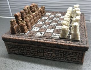 Vtg Mexican Molded Resin Chess Set Aztec Mayan Calendar - C4