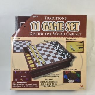 Traditions 11 Game Set Wooden Storage Box Checkers Backgammon Mancala Chess