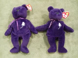 Two Ty 1997 1st Edition Princess Diana Beanie Bears: With Space & No Space Tags