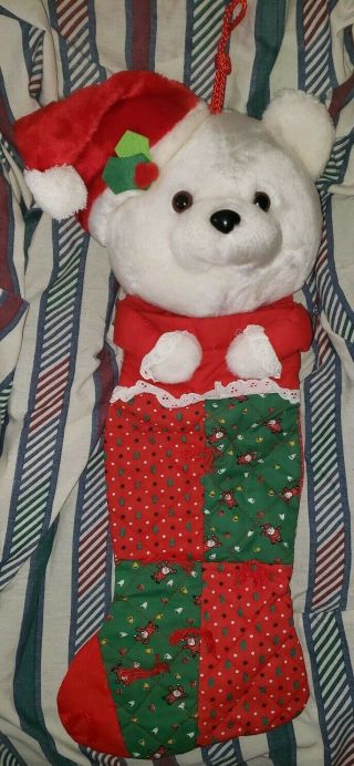 Vintage Smithy Plush Stuffed White Bear Red Green Christmas Stocking