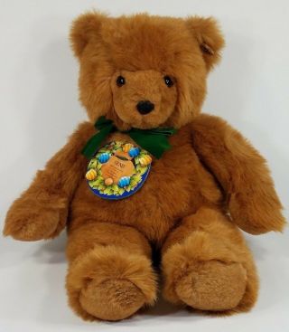 Vtg 1987 Gund Brown Large 22 Inch Plush Teddy Bear Green Bow Tie Stuffed Animal