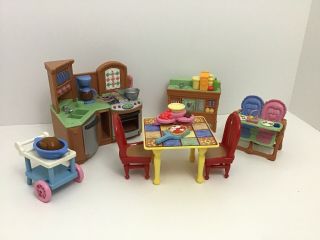Fisher Price Loving Family Doll House Kitchen Table Highchairs Food Cart